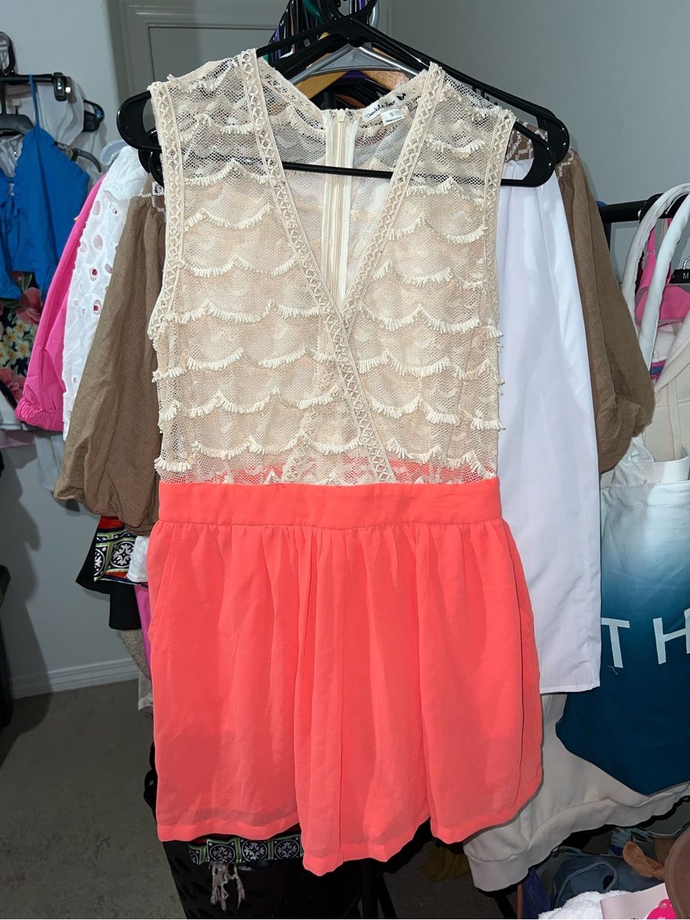 Double Zero Cream Lace Top Coral Skirt Party Romper